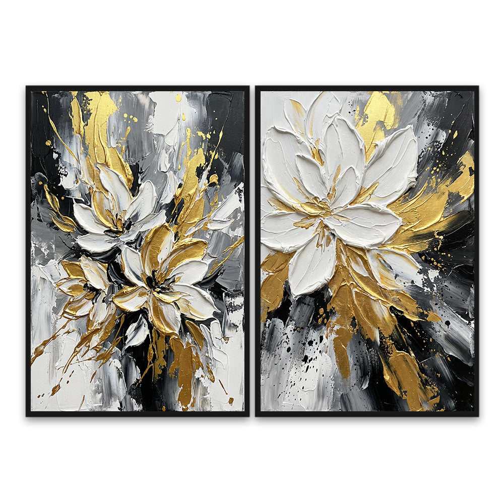 Golden Bloom Harmony | Abstract Floral Style Hand-Painted Oil Painting Wall Art (set of 2)