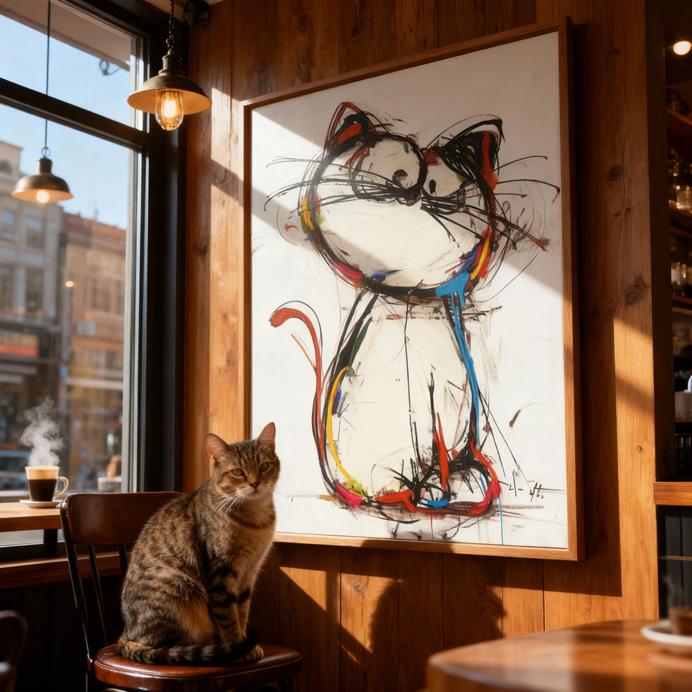 Whimsical Cat – Modern Abstract Expressionist Painting in Multicolor Tones, Playful Animal Elements
