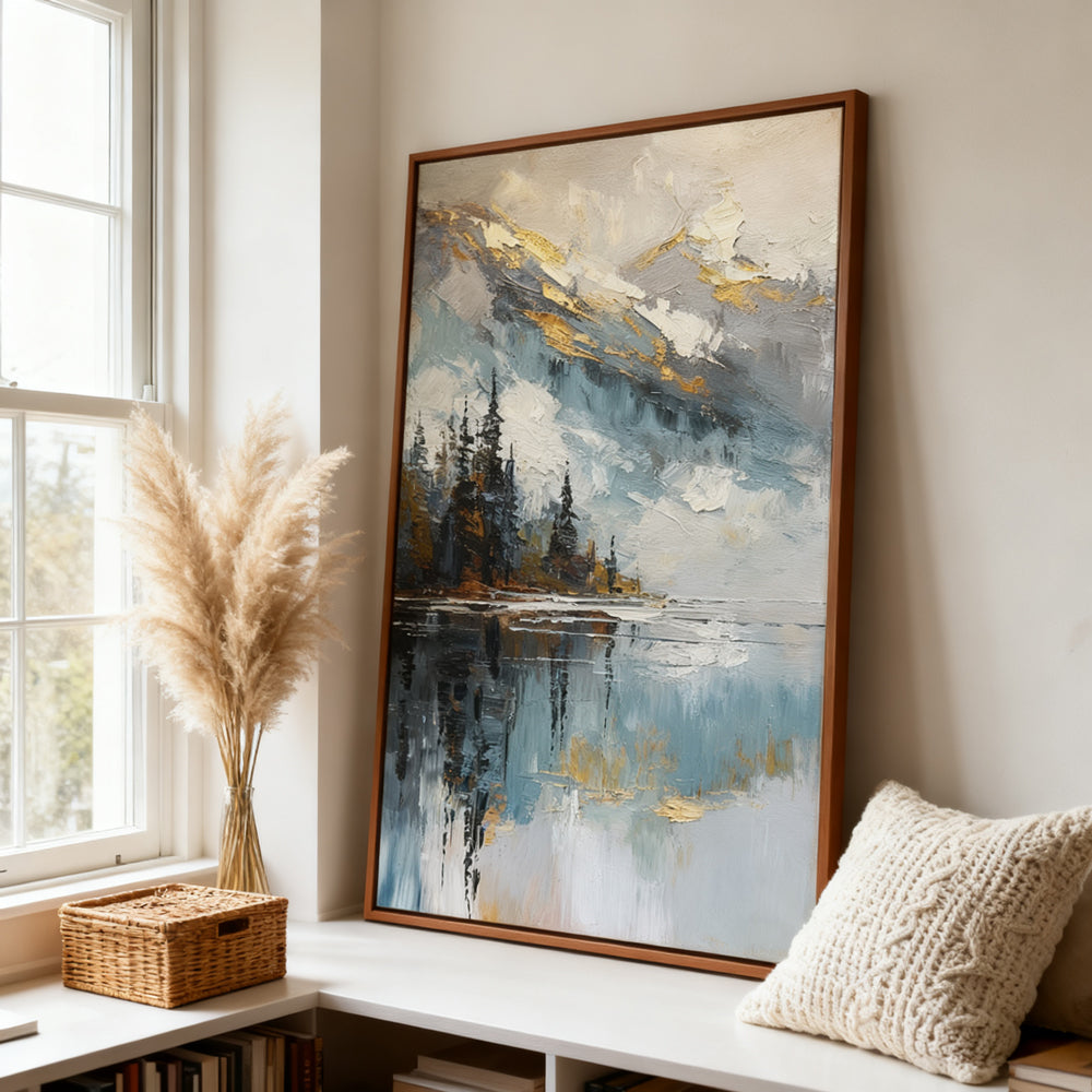 Golden Peak Lake Reflections – Impressionist Textured Hand-Painted Oil Wall Art