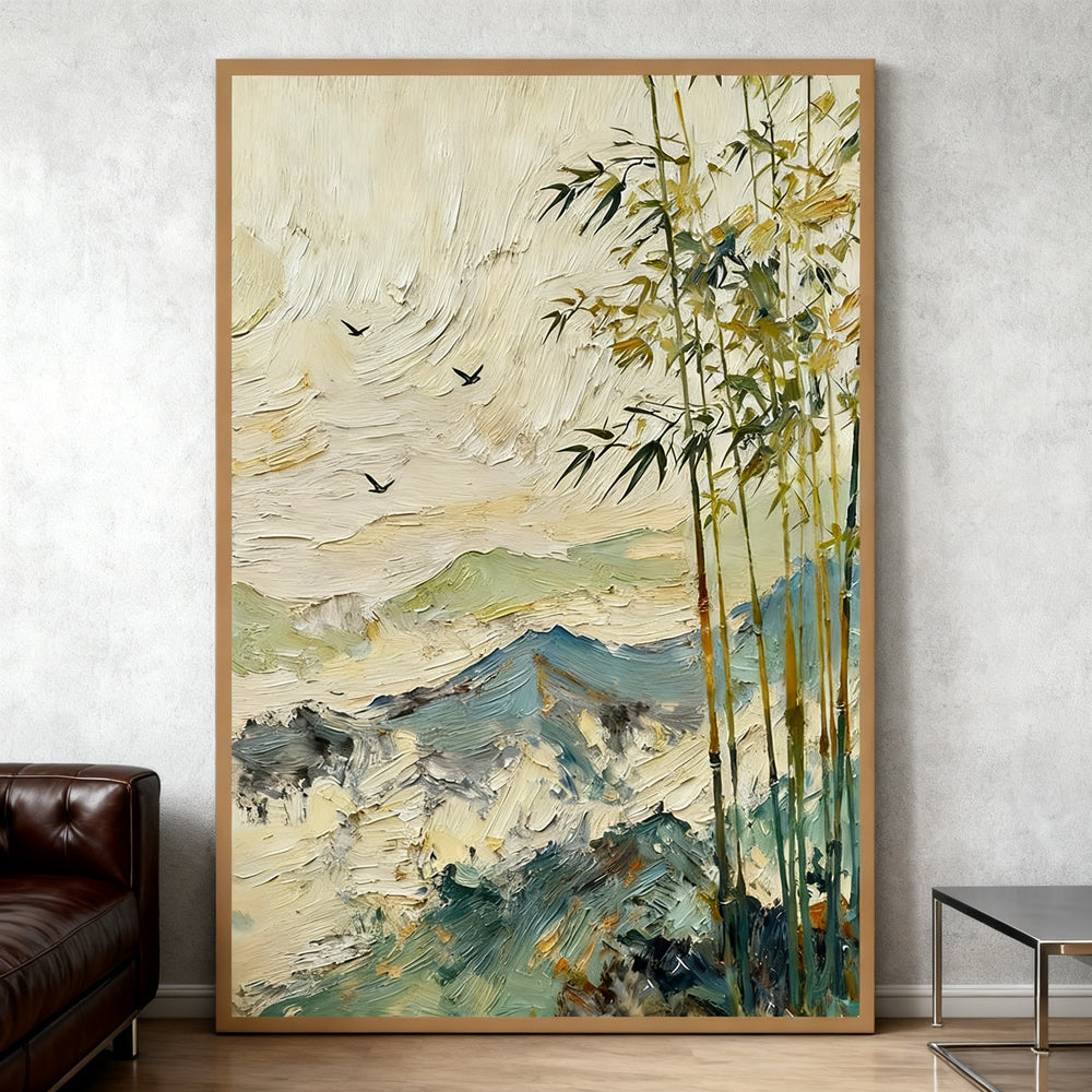 Bamboo Grove in Misty Mountains – Abstract Landscape Oil Painting