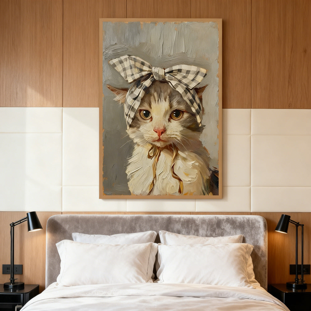 Charming Bow Kitten – Vintage Style Hand-Painted Oil Painting Wall Art