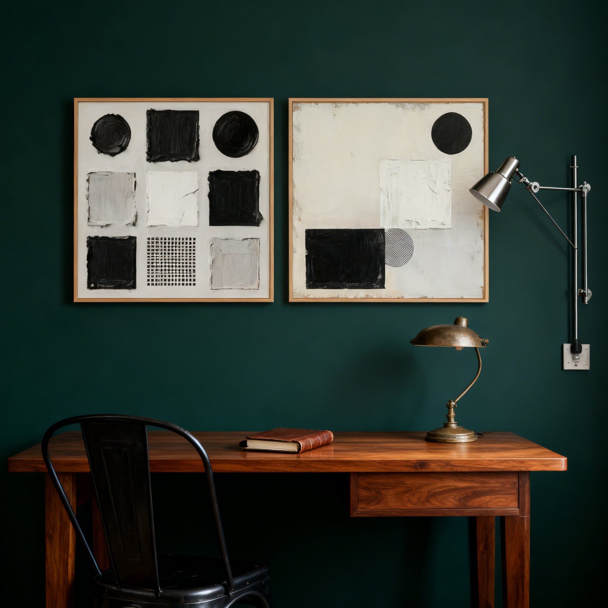 Black & White Geometric Shapes Theme Painting – Modern Abstract Style Handmade Texture Wall Art (Set of 2)