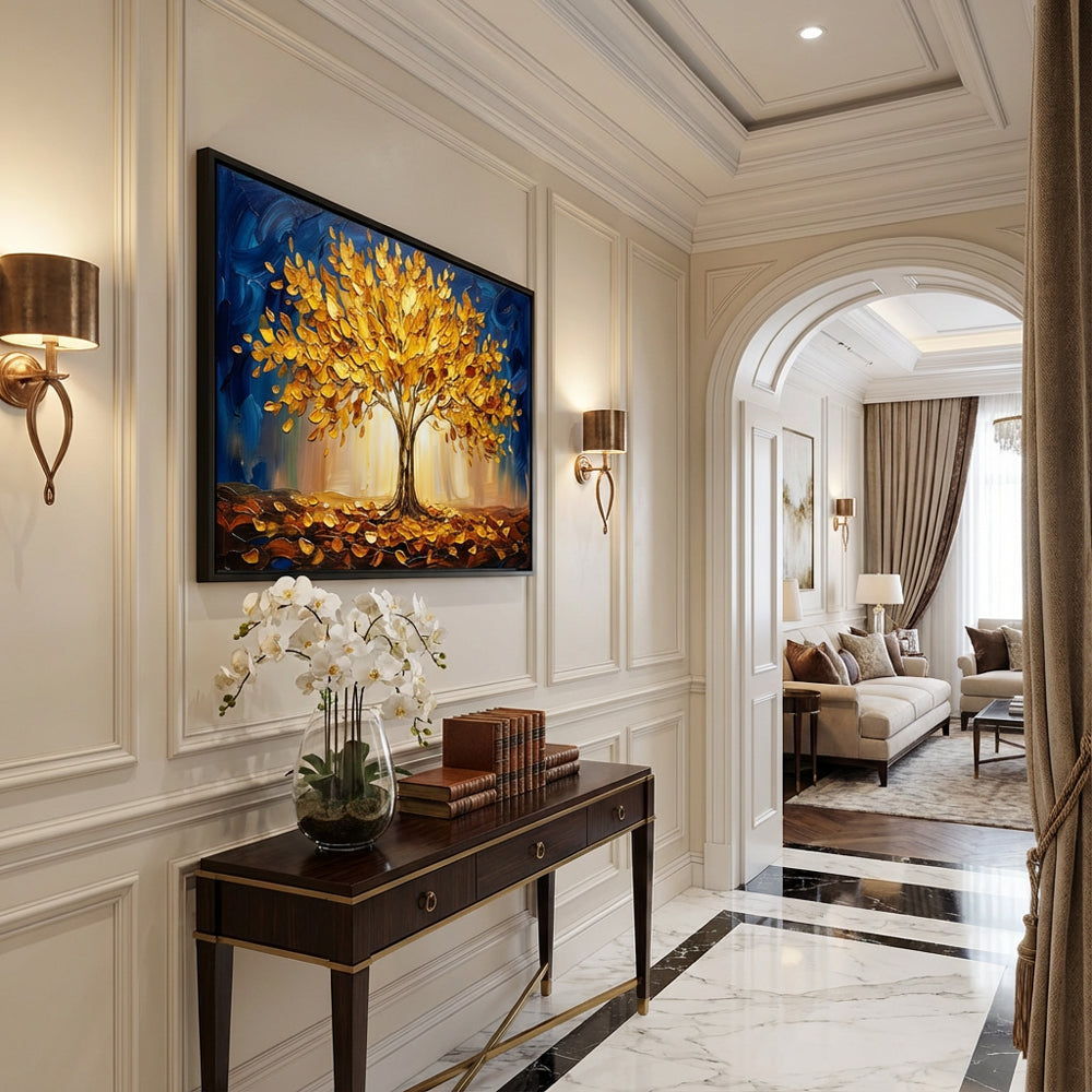 Golden Canopy Dreams | Contemporary Abstract Tree Style Hand-Painted Oil Painting Wall Art