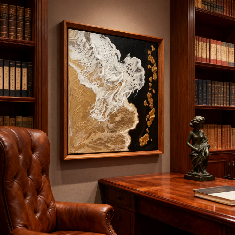 Gold, Black & White Tones – Sea Foam & Rock Elements  Handcrafted Painting