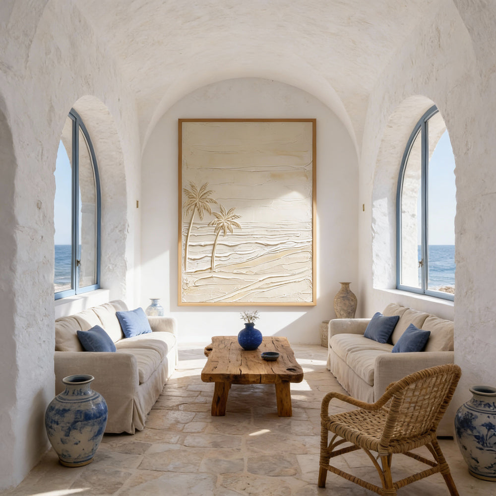 Silent Shoreline Palms | Modern Minimal Coastal Style Hand-Painted Oil Painting Wall Art