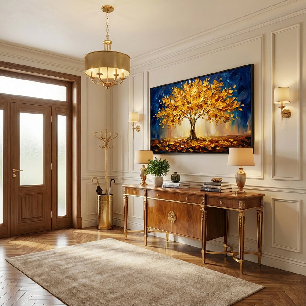 Golden Canopy Dreams | Contemporary Abstract Tree Style Hand-Painted Oil Painting Wall Art