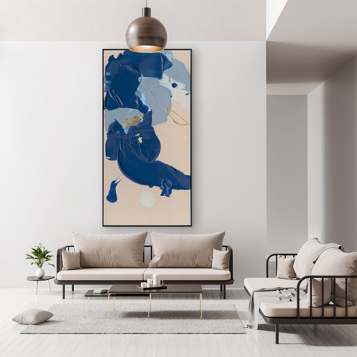 Navy Blue & Gold Accent Brushstrokes Hand-Painted Abstract Canvas
