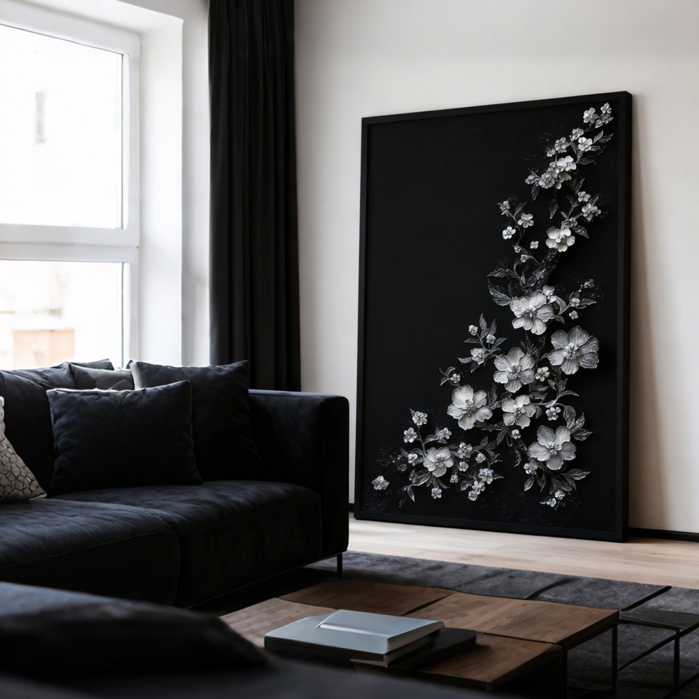 Silver Floral Cascade – Modern Minimal Relief Style Handmade Oil Painting Wall Art