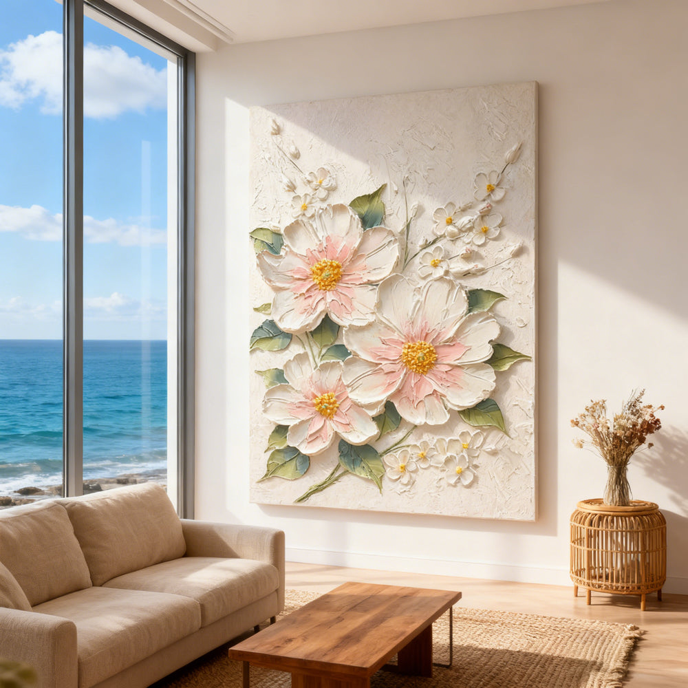 Blossoming Harmony Floral Texture Art – Impressionistic Style Handmade Oil Painting Wall Art