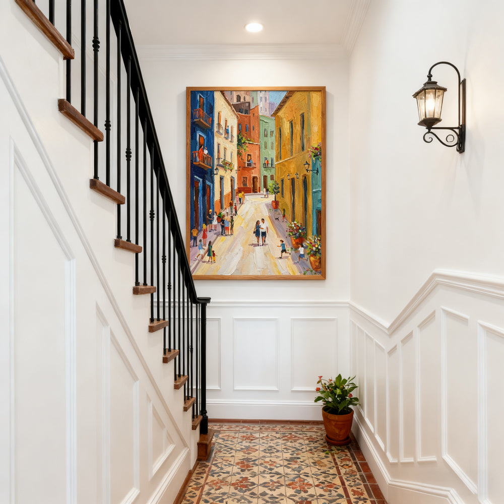 Colorful Street Scene Painting – Impressionist Palette Knife Style – Vibrant Multicolor Tones – Cityscape & Figures Wall Art