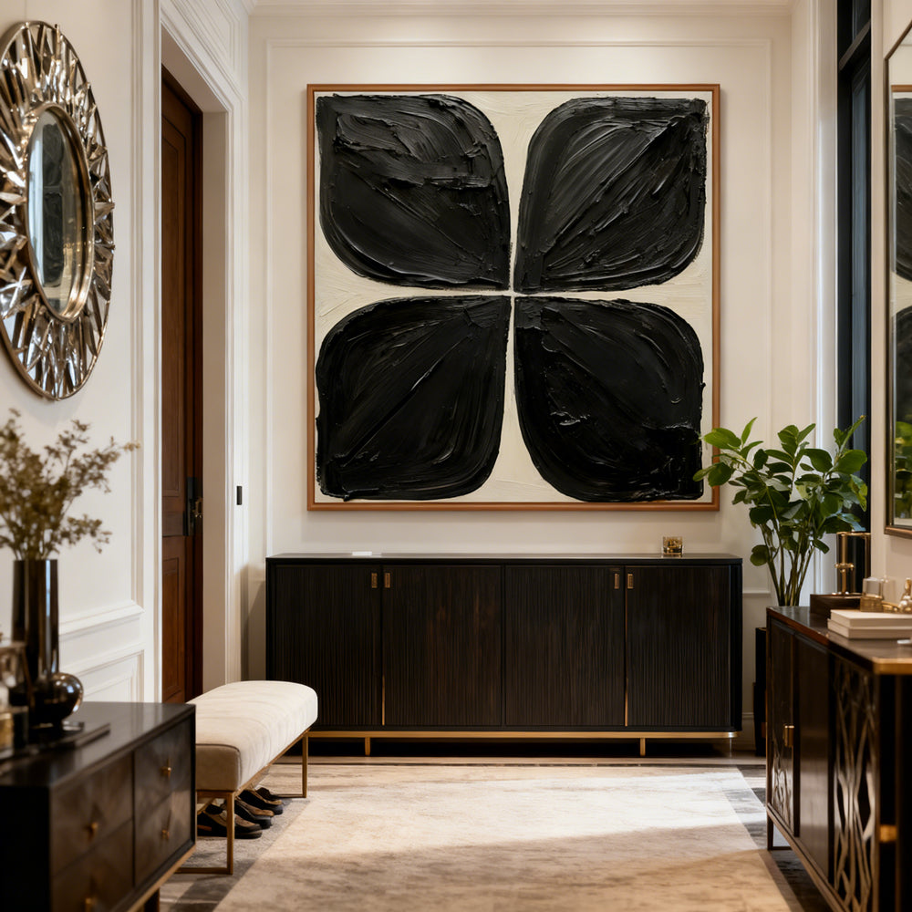 Black Quad Form Texture Art – Minimalist Abstract Style Handmade Oil Painting Wall Art