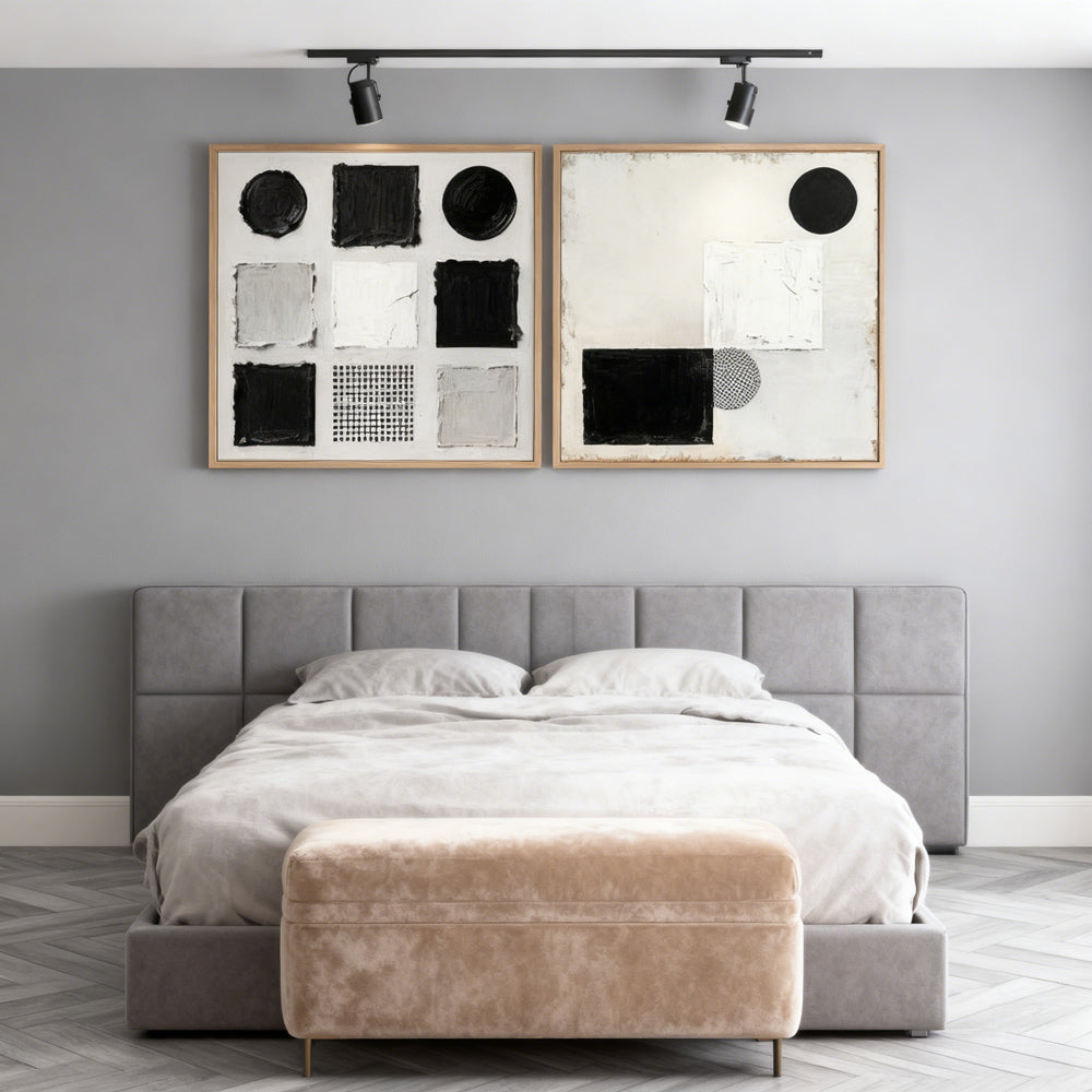 Black & White Geometric Shapes Theme Painting – Modern Abstract Style Handmade Texture Wall Art (Set of 2)