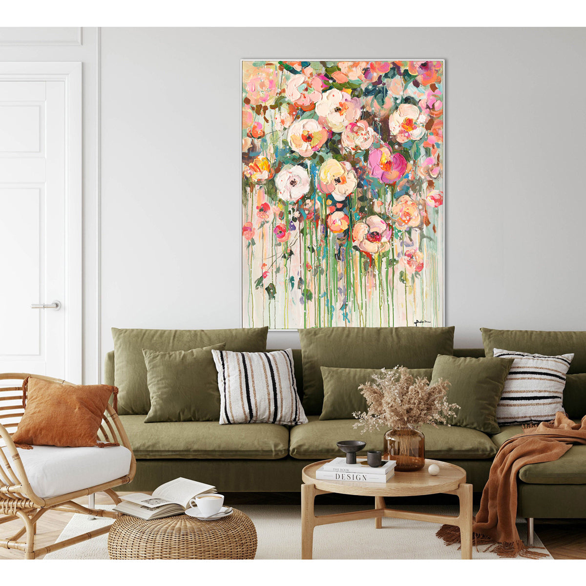 Handmade Abstract Floral Painting Colorful Blooming Garden on Canvas