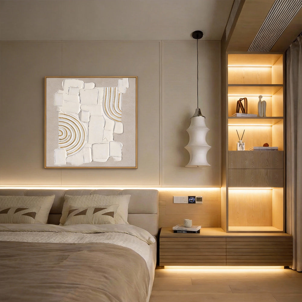 Original handmade texture art, crafted with plaster and golden lines, adding unique depth and serene modern Wabi-Sabi charm.-square canvas