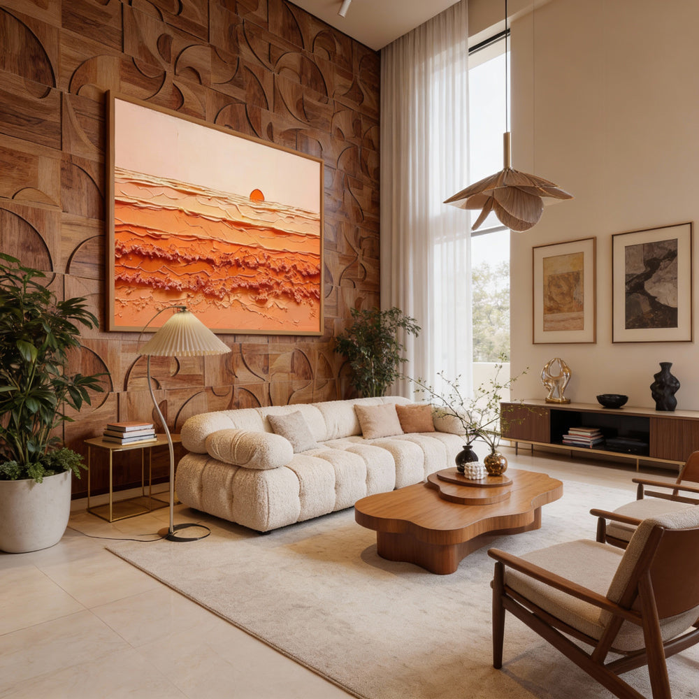 Sunrise Harmony – Abstract Texture Landscape in Warm Orange Tones, Sunset Over Waves Extra Large Handmade paintings