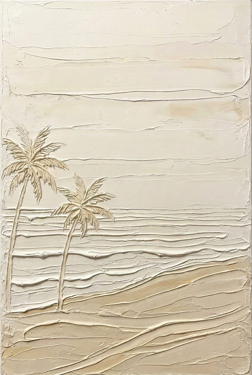 Silent Shoreline Palms | Modern Minimal Coastal Style Hand-Painted Oil Painting Wall Art