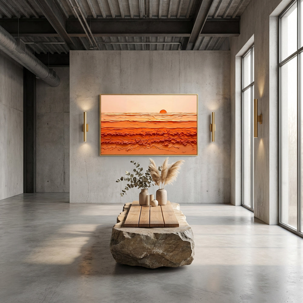 Sunrise Harmony – Abstract Texture Landscape in Warm Orange Tones, Sunset Over Waves Extra Large Handmade paintings