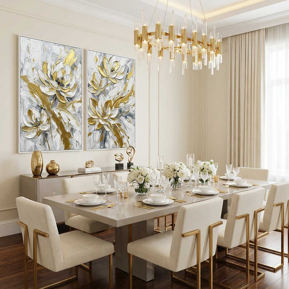 Golden Petals Symphony | Modern Abstract Floral Hand-Painted Oil Painting Wall Art (set of 2)