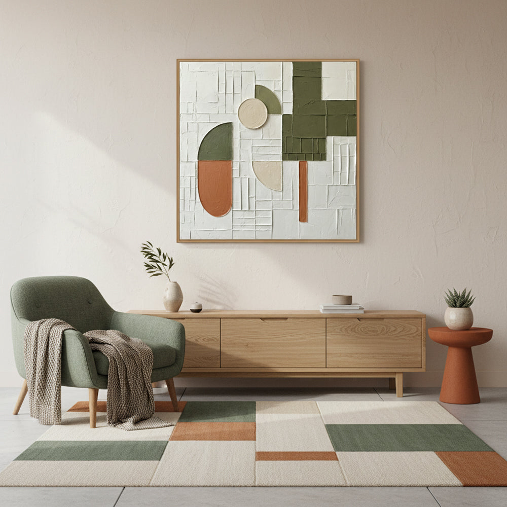 Geometric Abstract Art Panel – Minimalist Textured Style – White, Olive & Terracotta Tones – Shape & Grid Elements