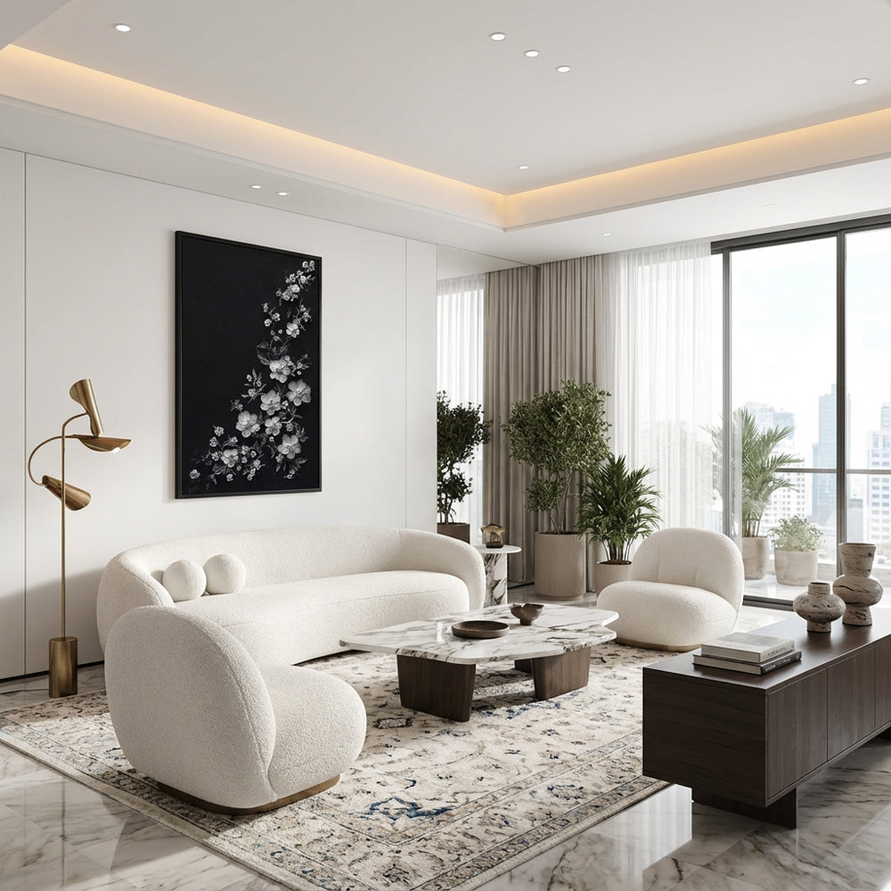 Silver Floral Cascade – Modern Minimal Relief Style Handmade Oil Painting Wall Art