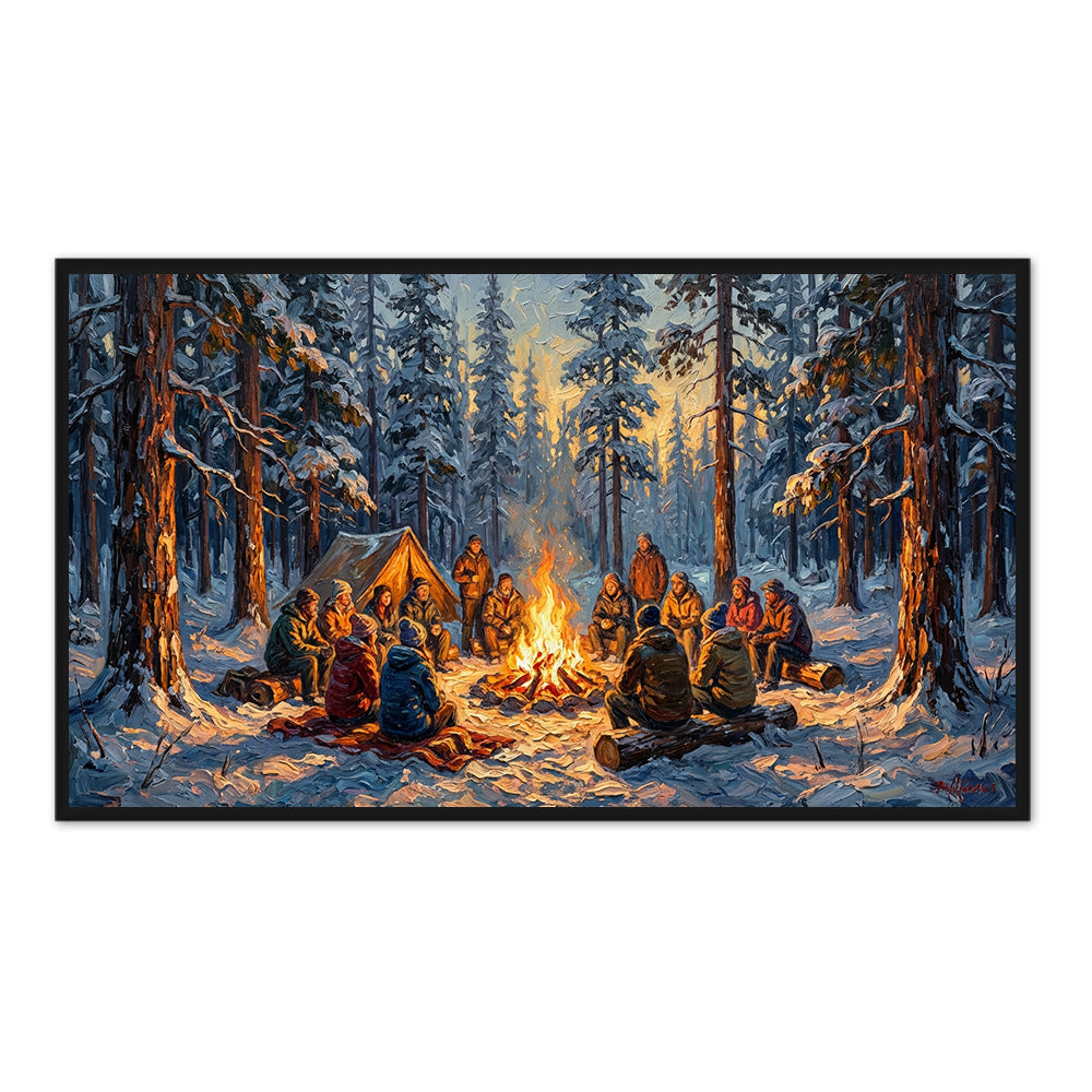 Winter Gathering by the Flame – Impressionist Campfire Community Oil-Style Artwork Handcrafted Painting