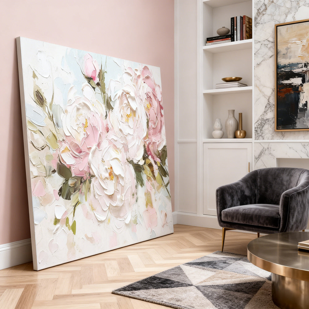 Peony Floral Palette Knife Painting, Handcrafted Oil Painting, Elegant Wall Art