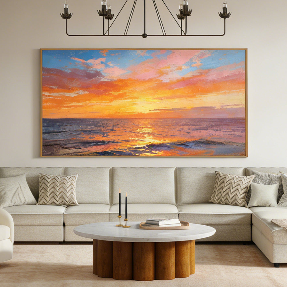 Golden Sunset Reflections – Contemporary Impressionist Hand-Painted Ocean Oil Painting Wall Art