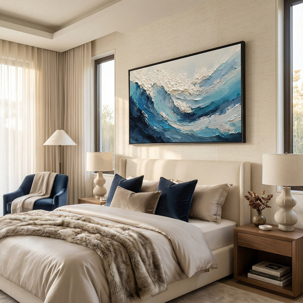 Azure Crest Motion | Abstract Seascape Expressionist Handmade Oil Painting Wall Art