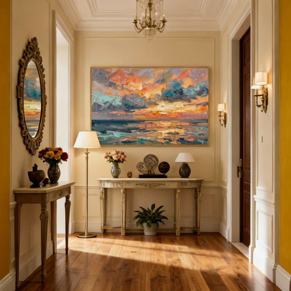 Tidal Horizon Glow – Modern Impressionist Hand-Painted Seascape Oil Painting Wall Art