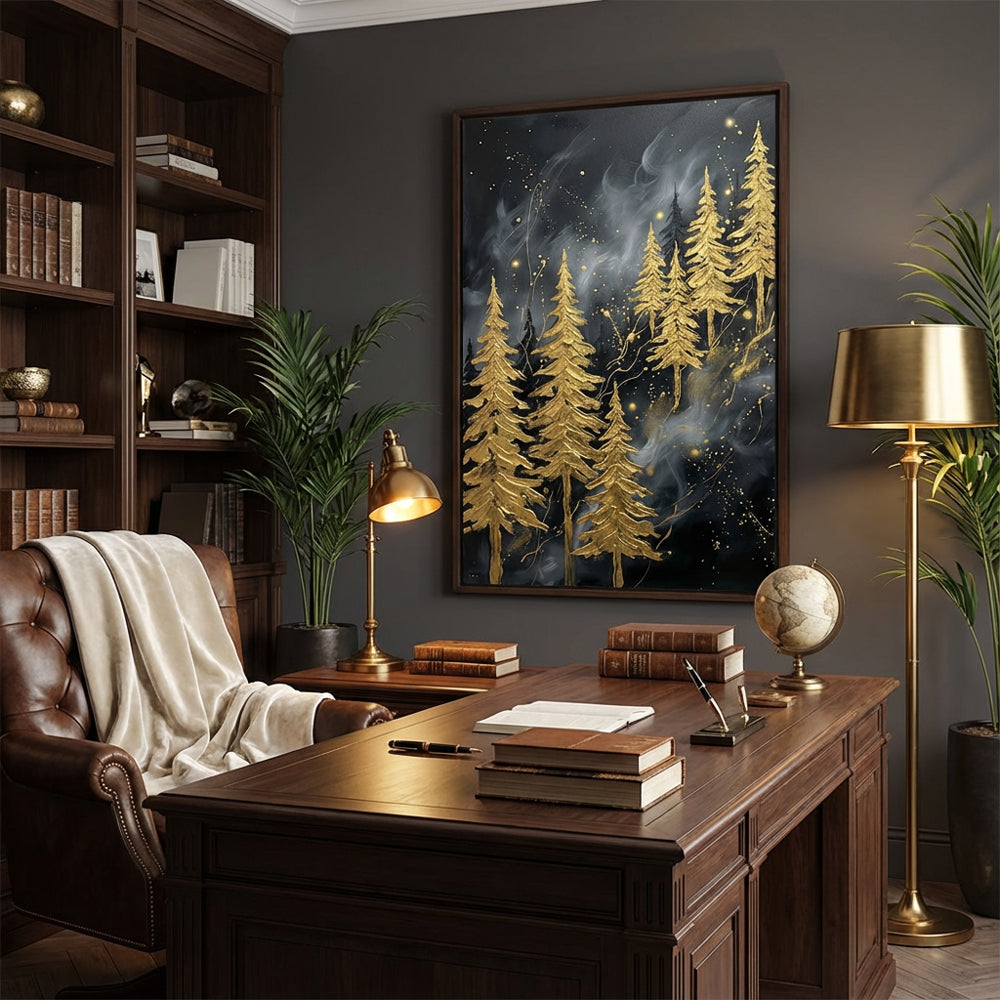 Golden Whispering Pines – Abstract Metallic Forest Oil-Style Artwork Handcrafted Painting