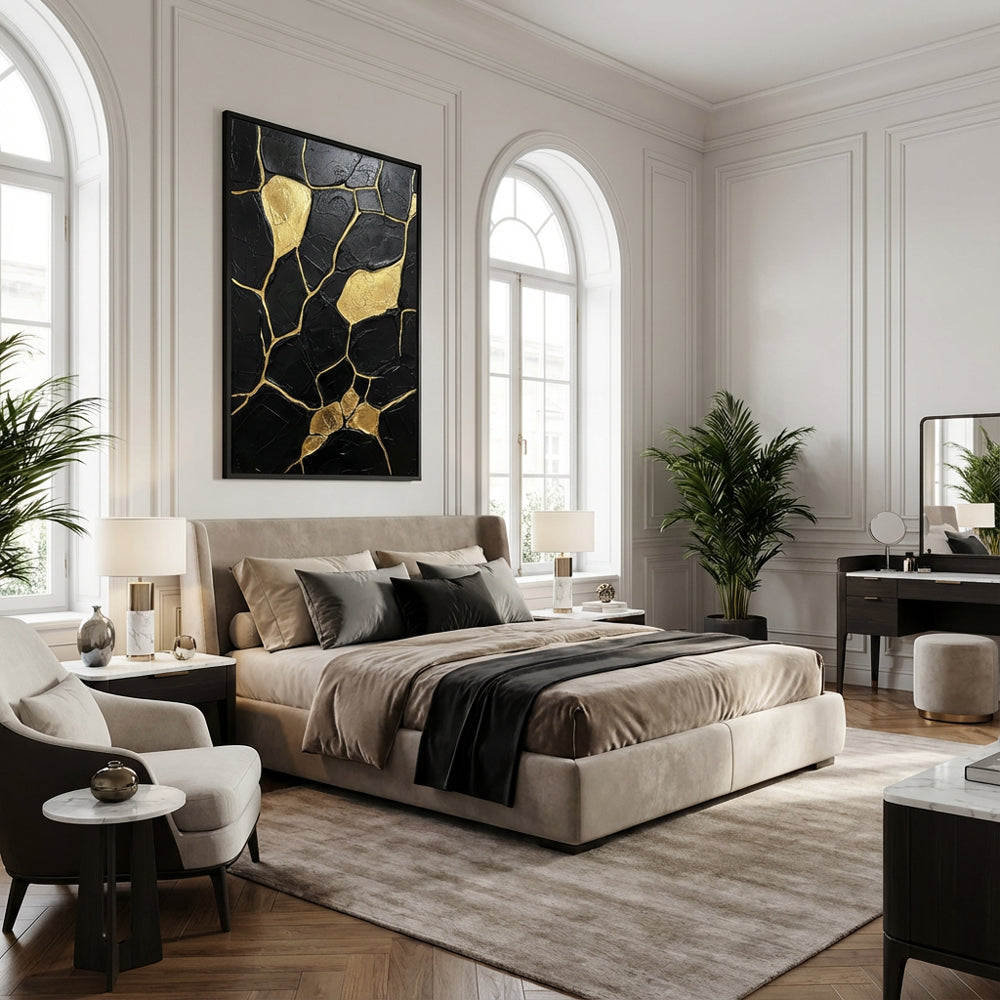 Veins of Gold Silence | Contemporary Abstract Black & Gold Hand-Painted Oil Painting Wall Art