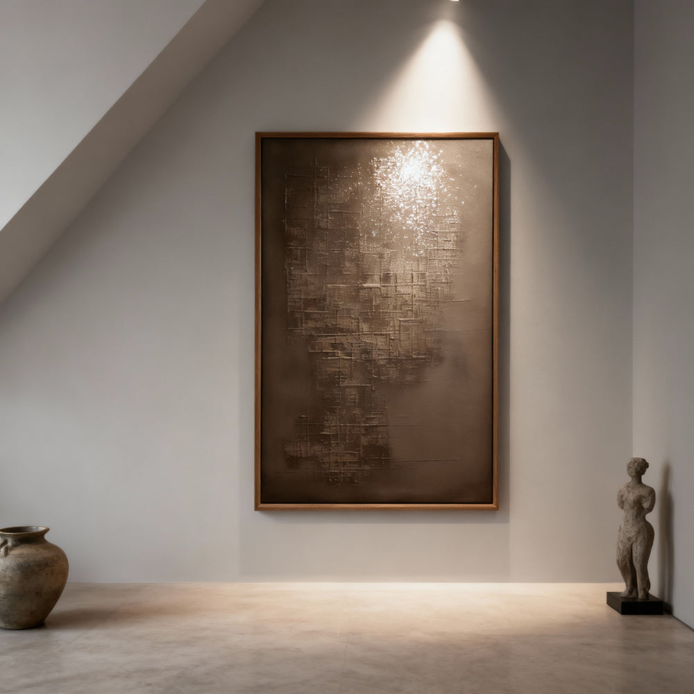 Golden Strata – Geometric Abstract Texture Painting in Metallic Gray Tones, Minimalist Structure Elements