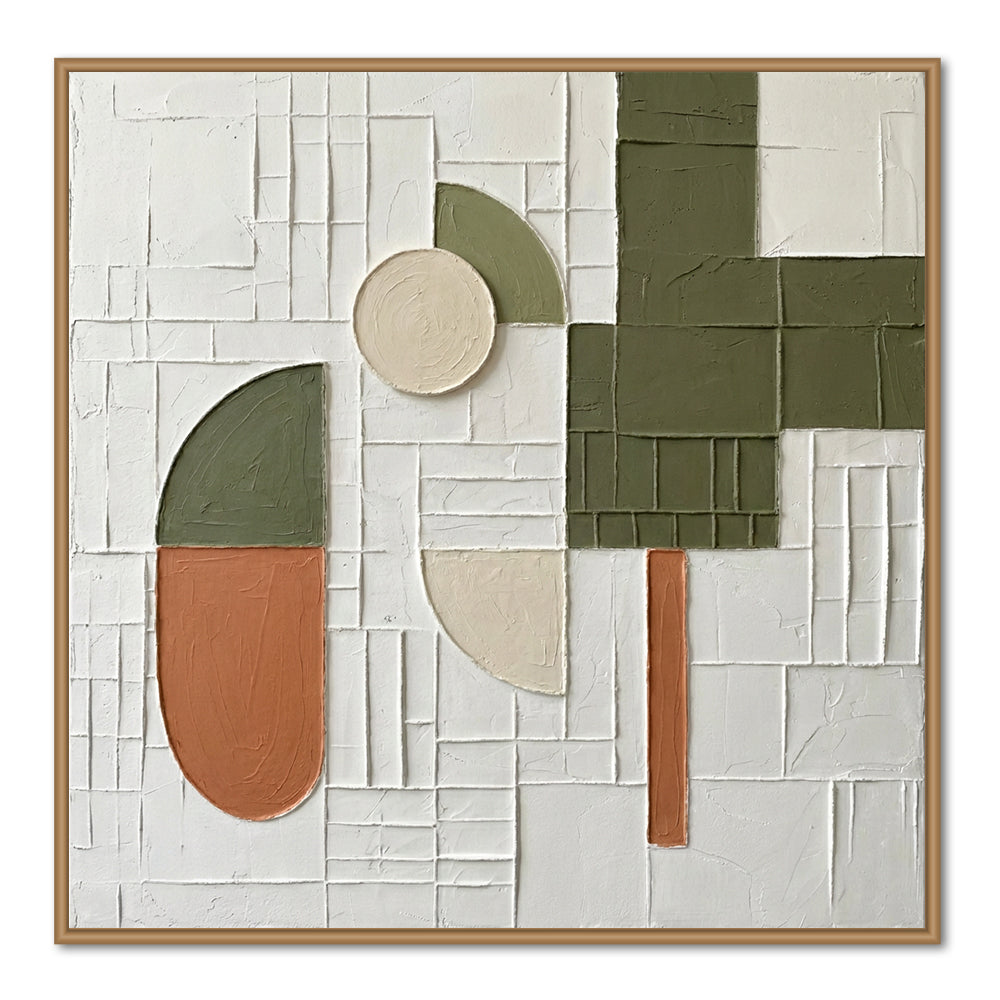 Geometric Abstract Art Panel – Minimalist Textured Style – White, Olive & Terracotta Tones – Shape & Grid Elements