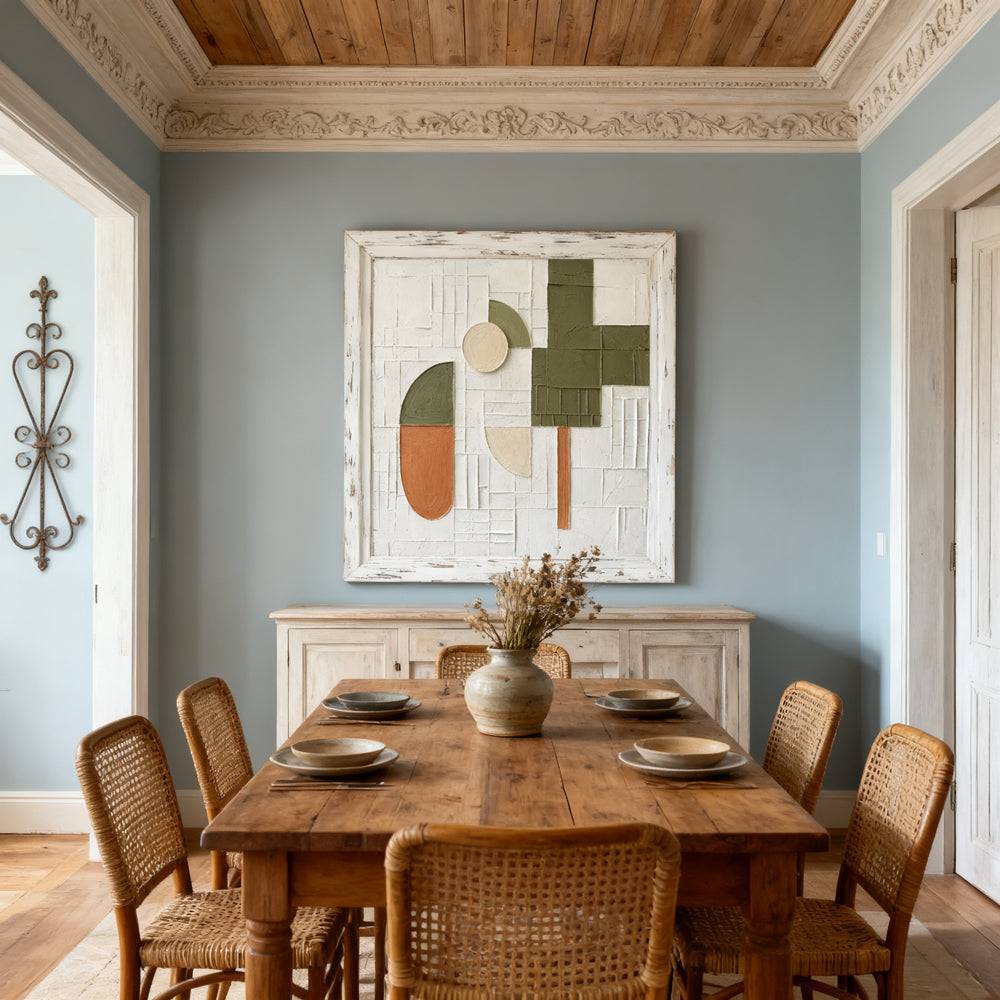 Geometric Abstract Art Panel – Minimalist Textured Style – White, Olive & Terracotta Tones – Shape & Grid Elements