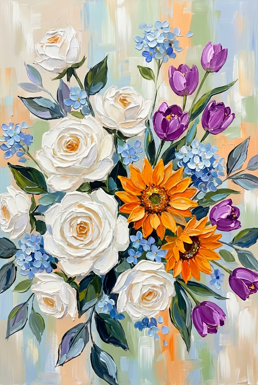 Harmony Bouquet Glow | Modern Floral Impressionist Handmade Oil Painting Wall Art