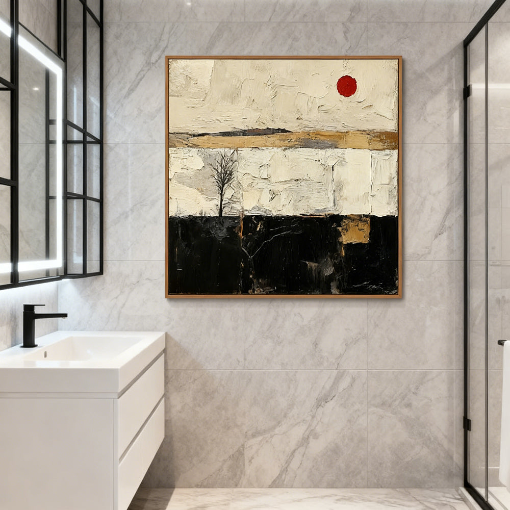 Lone Tree & Red Sun Landscape Theme Painting – Modern Abstract Style Handmade Oil Painting Wall Art