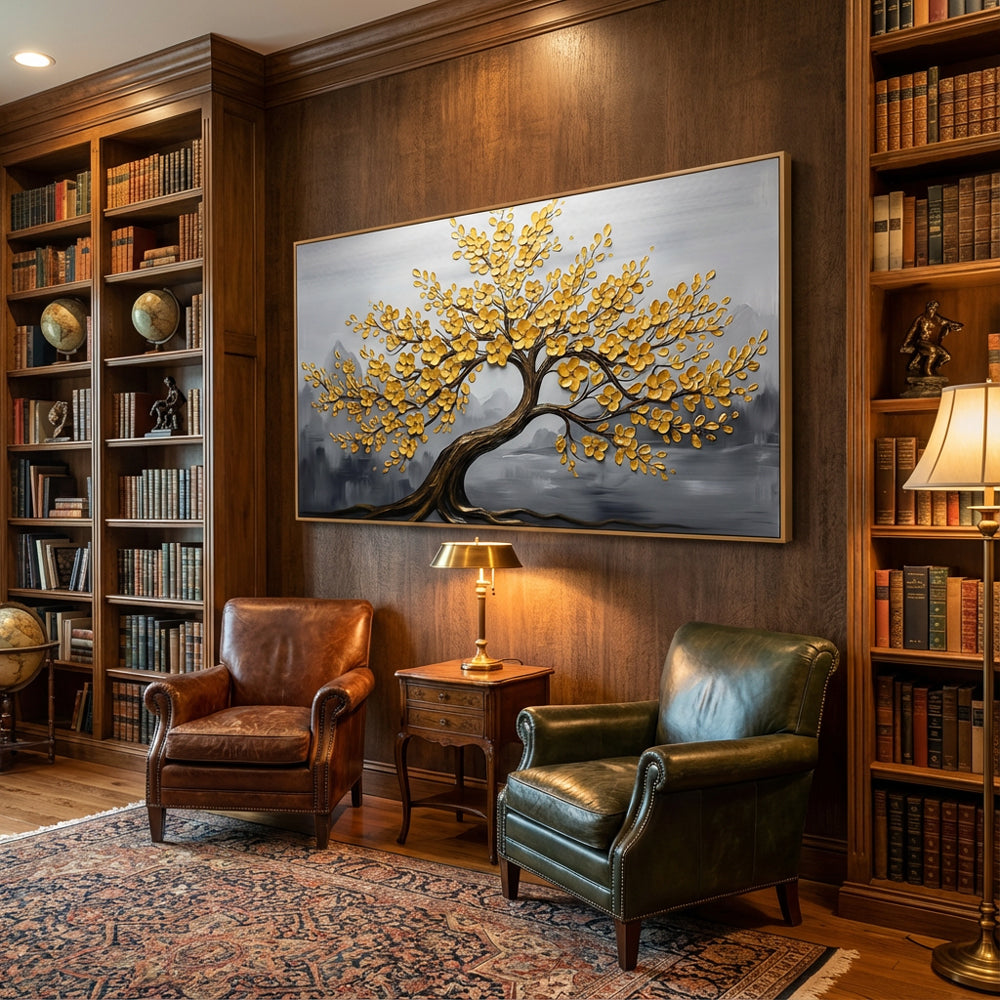 Golden Blossom Tree Painting – Modern Textured Art Style  Handcrafted Wall Art