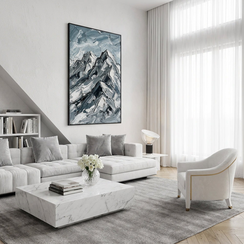 Echoes of the Frosted Peaks – Impressionist Textured Mountain Oil-Style Artwork Handmade paintings