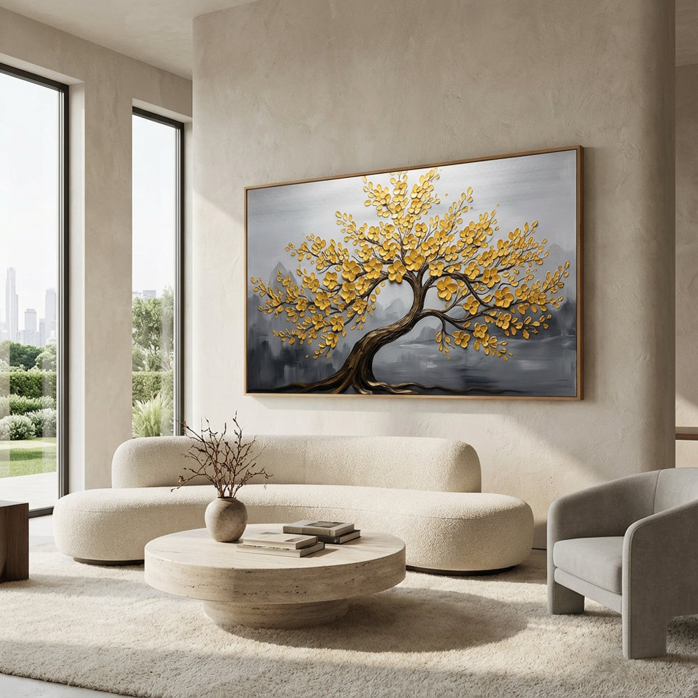 Golden Blossom Tree Painting – Modern Textured Art Style  Handcrafted Wall Art