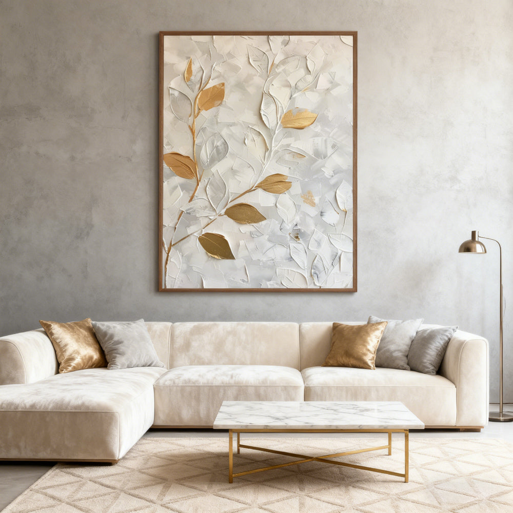 Still Veins– Hand-Painted Textured Floral Oil Painting Wall Art in White and Gold