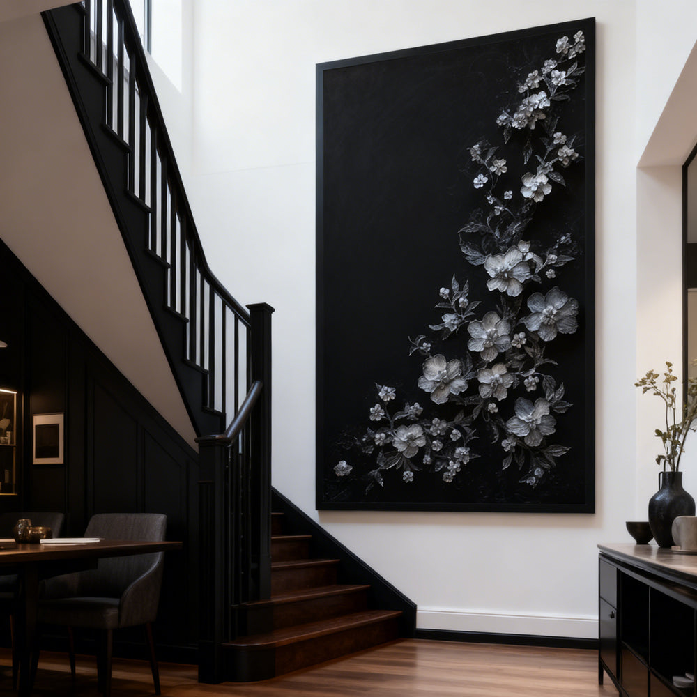 Silver Floral Cascade – Modern Minimal Relief Style Handmade Oil Painting Wall Art