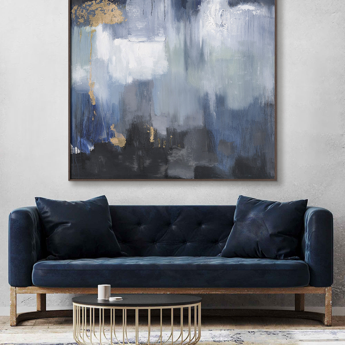 Deep blues and gold accents evoke mystery, elegance, and timeless abstract sophistication