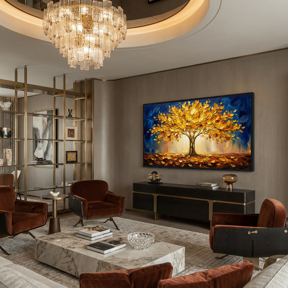 Golden Canopy Dreams | Contemporary Abstract Tree Style Hand-Painted Oil Painting Wall Art