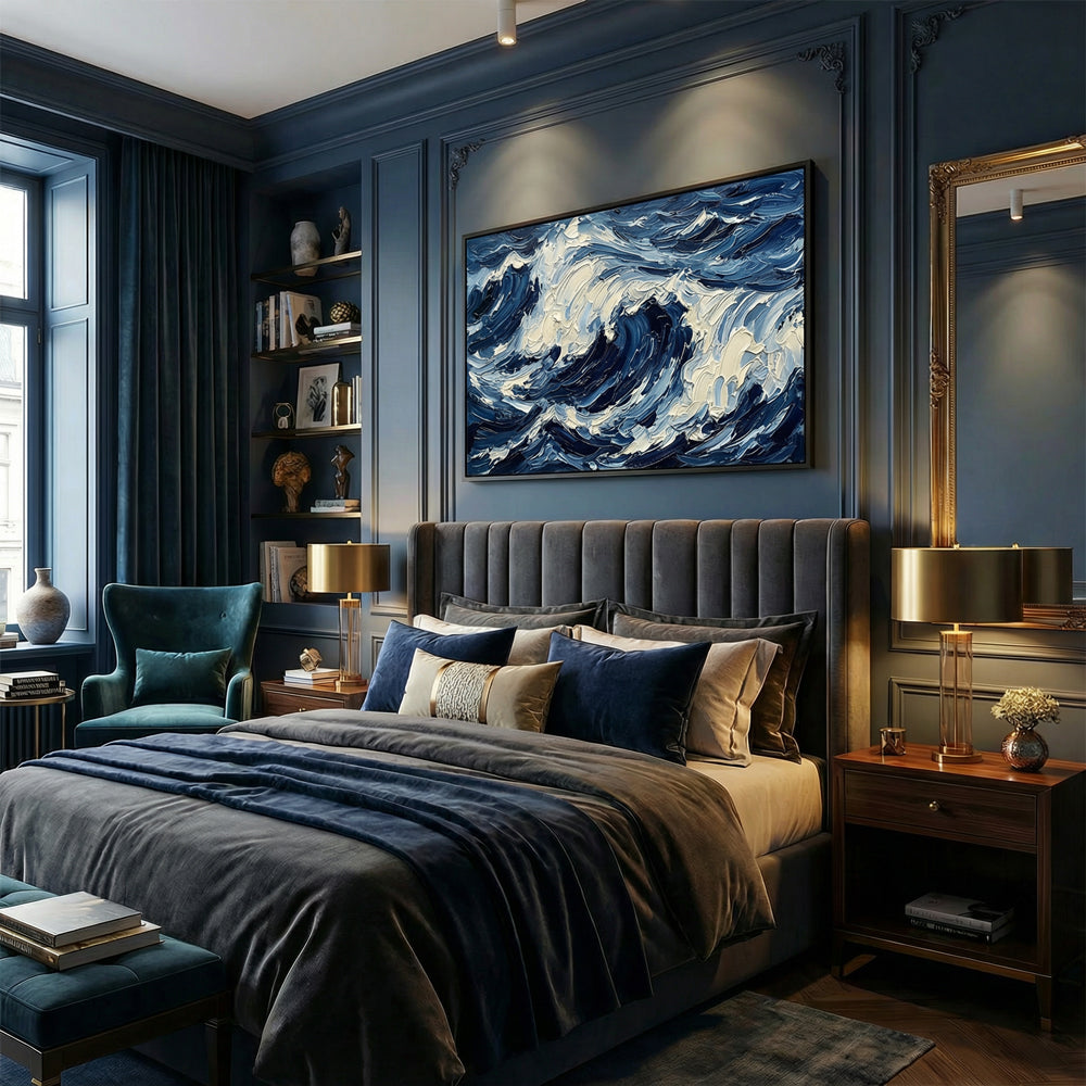 Endless Blue Waves | Contemporary Abstract Ocean Handmade Oil Painting Wall Art