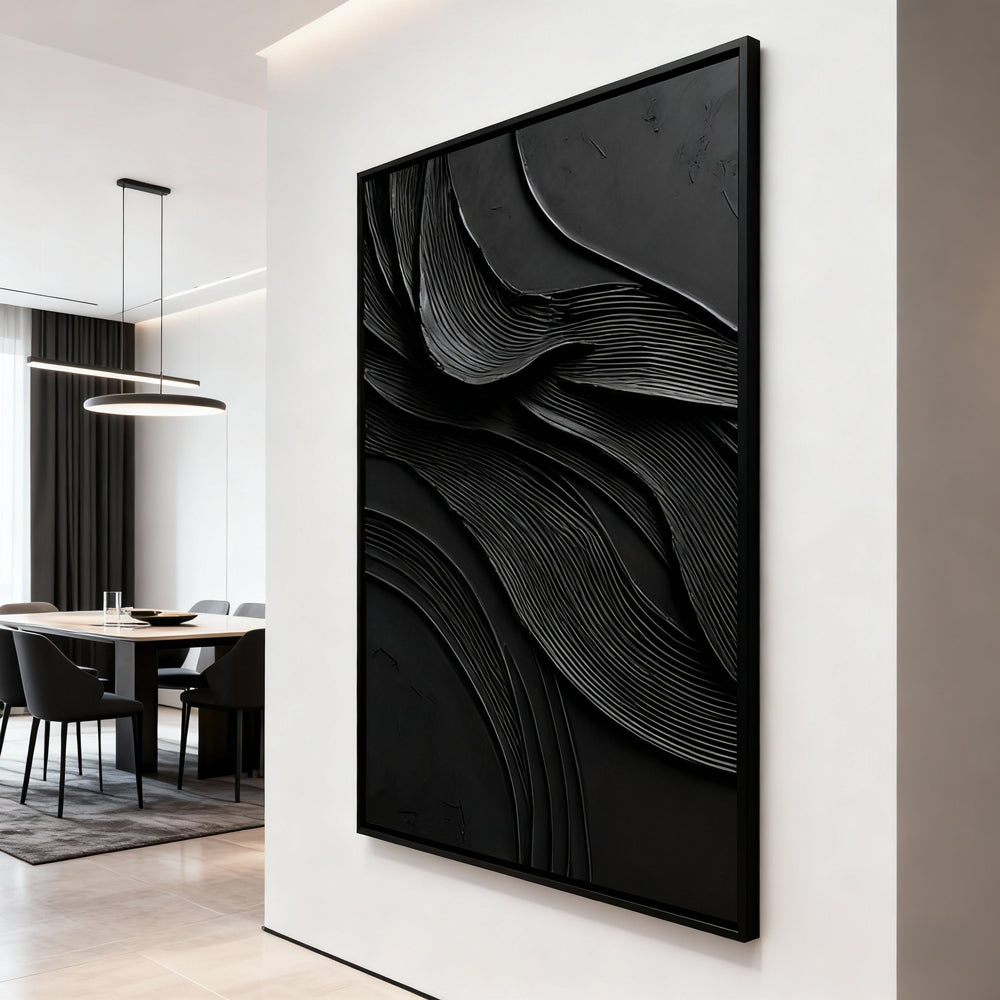 Black Textured Waves Theme Painting – Minimalist Abstract Style Handmade Oil Painting Wall Art