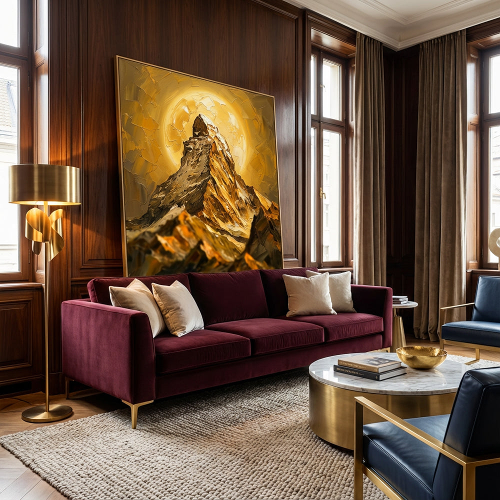 Golden Radiant Summit – Impressionist Textured Mountain Oil-Style Artwork Handcrafted Painting