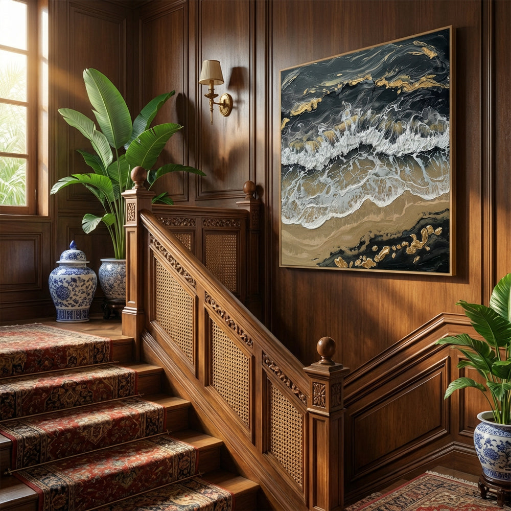Black, White & Gold Tones – Waves, Sand & Rock Elements  Handcrafted Painting