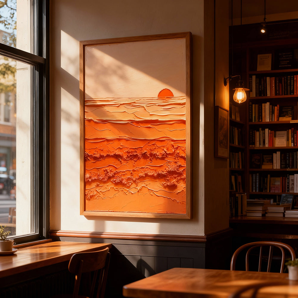 Sunrise Harmony – Abstract Texture Landscape in Warm Orange Tones, Sunset Over Waves