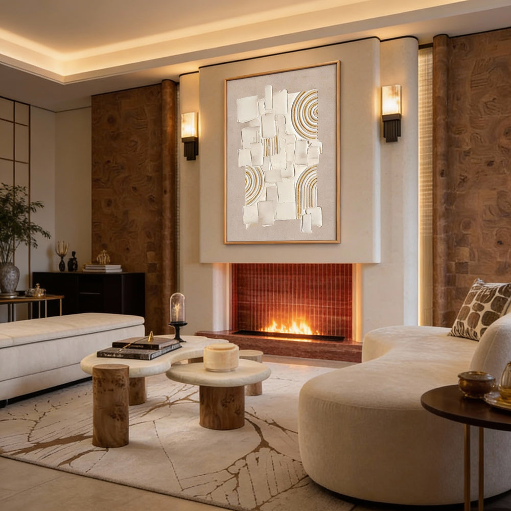 Original hand-painted texture art, merging plaster blocks with golden arcs, minimalist yet full of artistic tension.