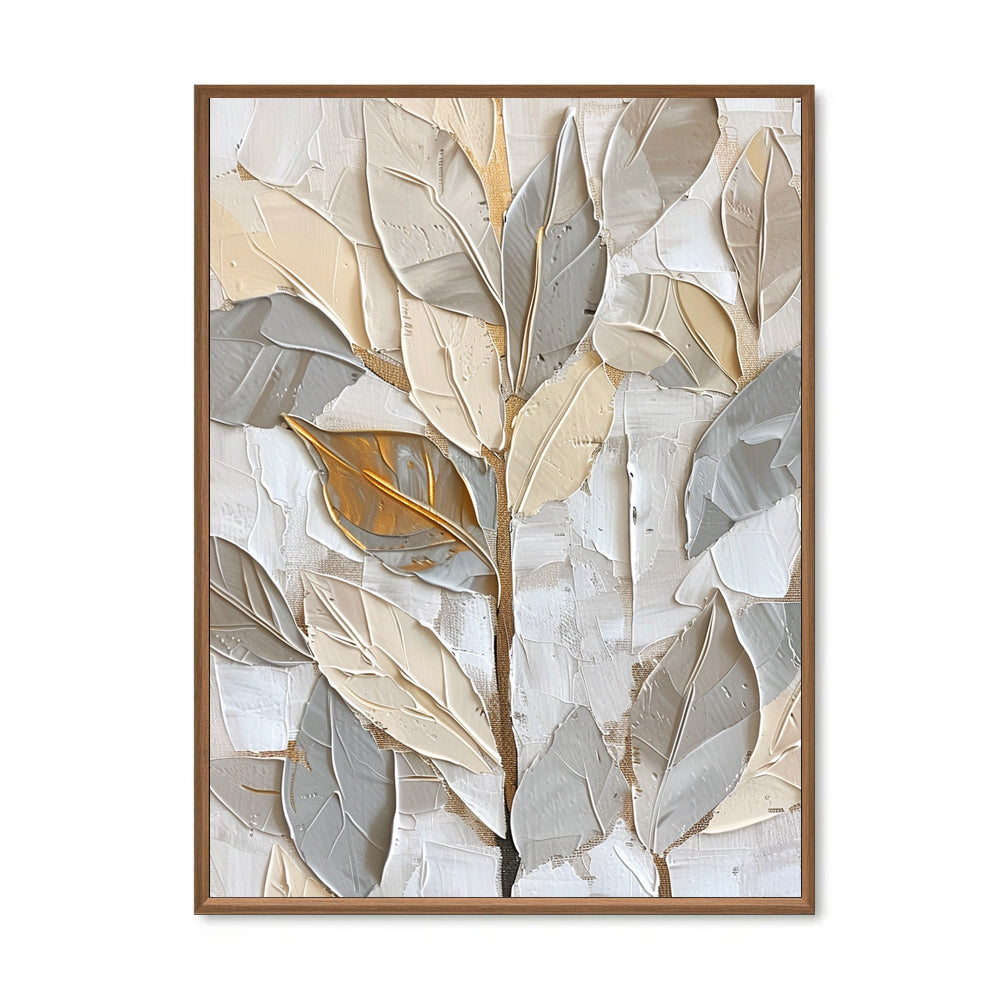 Balance of Growth – Hand-Painted Textured Leaf Canvas Wall Art in Soft Neutrals and Gold